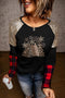 Black Leopard Graphic Print Sequin Plaid Patchwork Long Sleeve Top